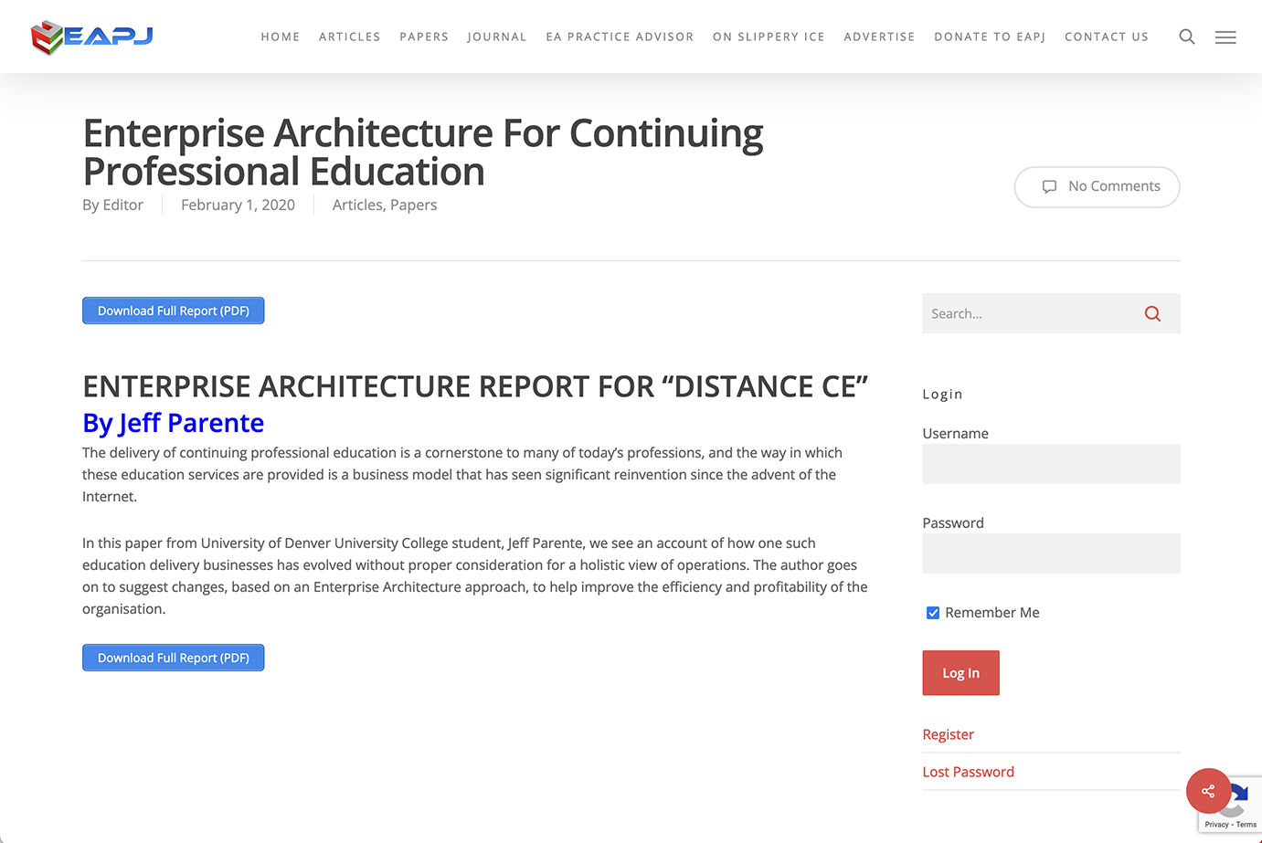 Enterprise Architecture Professional Journal website where paper is published